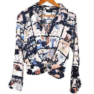 MILK & HONEY Long Sleeve Blouse 90s Hat Lady’s Print Ruched Waist Rayon Women S